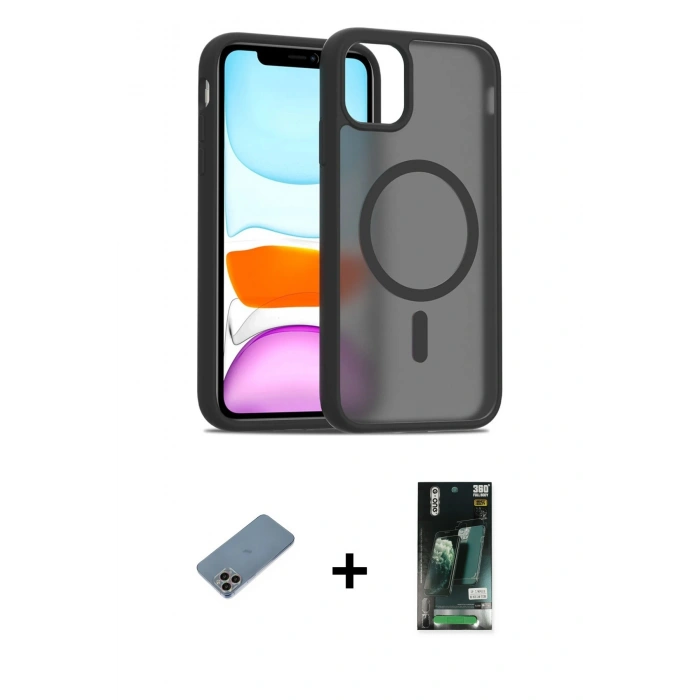 MARSİLYAN™- iPhone 11 Pro Max Kılıf Siluet Minimal Prime - Siyah 360 Mat Full Body Arka Koruyucu + Shine Kamera Lens Koruma Cam - GI