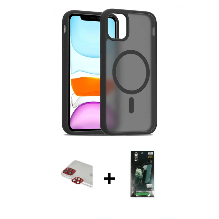 MARSİLYAN™- iPhone 11 Pro Max Kılıf Siluet Minimal Prime - Siyah 360 Mat Full Body Arka Koruyucu + Kırmızı Pers Alüminyum Kamera Lens
