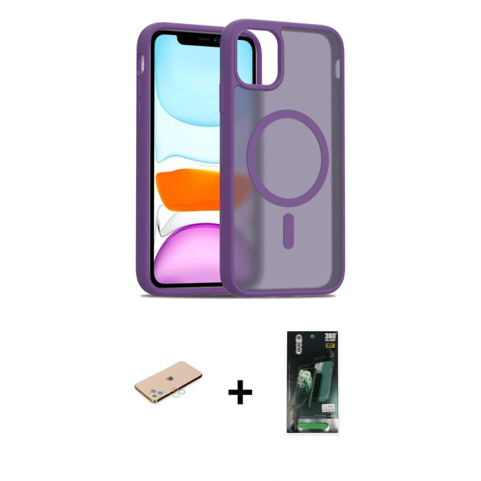 MARSİLYAN™- iPhone 11 Pro Max Kılıf Siluet Minimal Prime - Siyah 360 Mat Full Body Arka Koruyucu + Renkli Kamera Lens Koruma Cam - MI