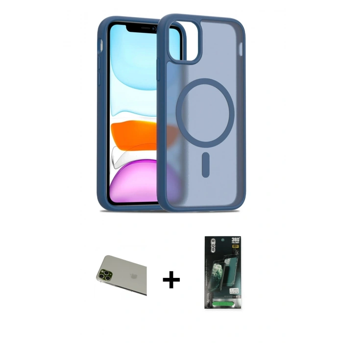 MARSİLYAN™- iPhone 11 Pro Max Kılıf Siluet Minimal Prime - Siyah 360 Mat Full Body Arka Koruyucu + Rainbow Kamera Lens Koruma Cam - YL