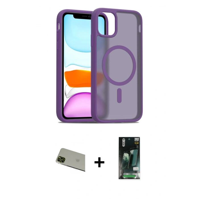 MARSİLYAN™- iPhone 11 Pro Max Kılıf Siluet Minimal Prime - Siyah 360 Mat Full Body Arka Koruyucu + Rainbow Kamera Lens Koruma Cam - YL