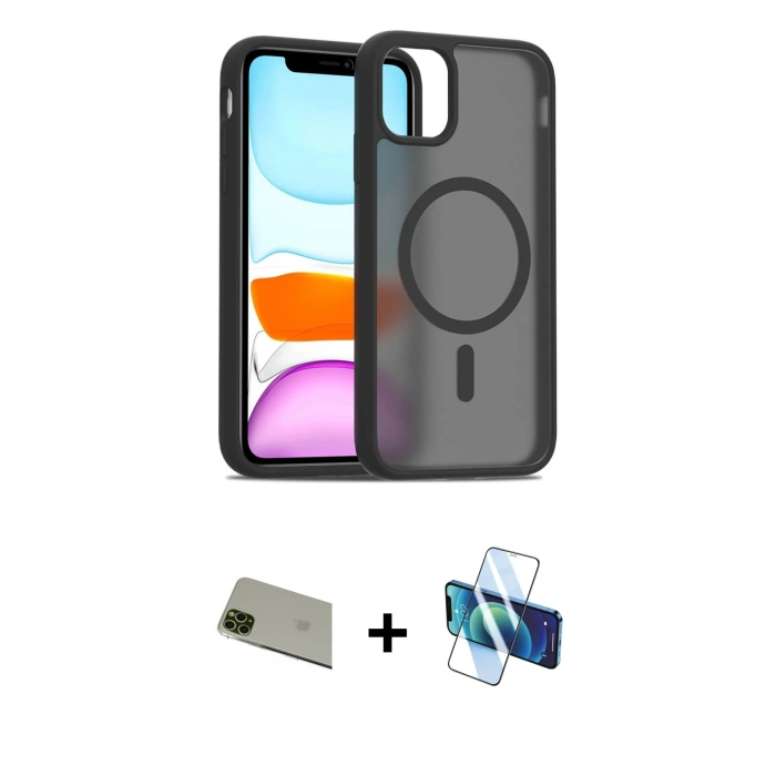 MARSİLYAN™- iPhone 11 Pro Max Kılıf Siluet Minimal Prime - Siyah 3D Antistatik Cam Ekran Koruyucu + Rainbow Kamera Lens Koruma Cam - YL