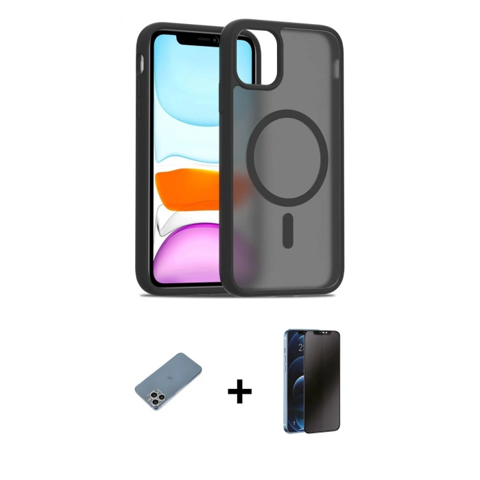 MARSİLYAN™- iPhone 11 Pro Max Kılıf Siluet Minimal Prime - Siyah 3D Antistatik Hayalet Cam Ekran Koruyucu + Gümüş Shine Kamera Lens Koruma Cam