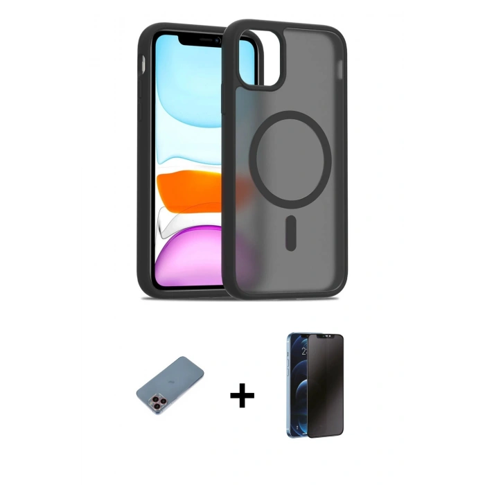 MARSİLYAN™- iPhone 11 Pro Max Kılıf Siluet Minimal Prime - Siyah 3D Antistatik Hayalet Cam Ekran Koruyucu + Shine Kamera Lens Koruma Cam - PE