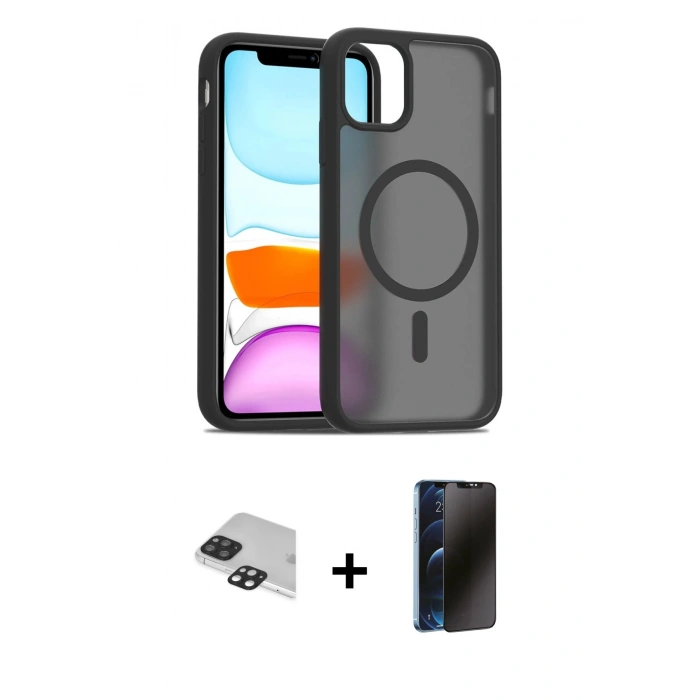 MARSİLYAN™- iPhone 11 Pro Max Kılıf Siluet Minimal Prime - Siyah 3D Antistatik Hayalet Cam Ekran Koruyucu + Pers Alüminyum Kamera Lens - SH