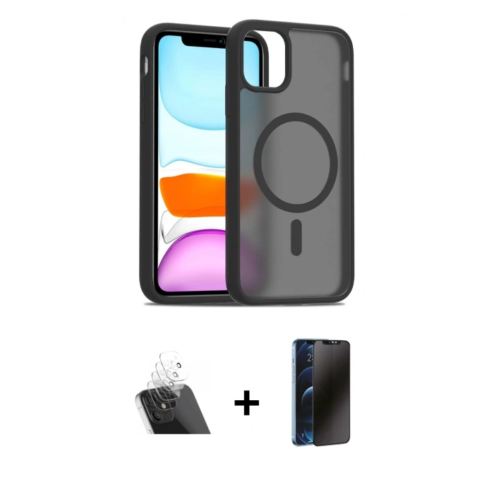 MARSİLYAN™- iPhone 11 Pro Max Kılıf Siluet Minimal Prime - Siyah 3D Antistatik Hayalet Cam Ekran Koruyucu + Kamera Lens Koruma Cam - SF