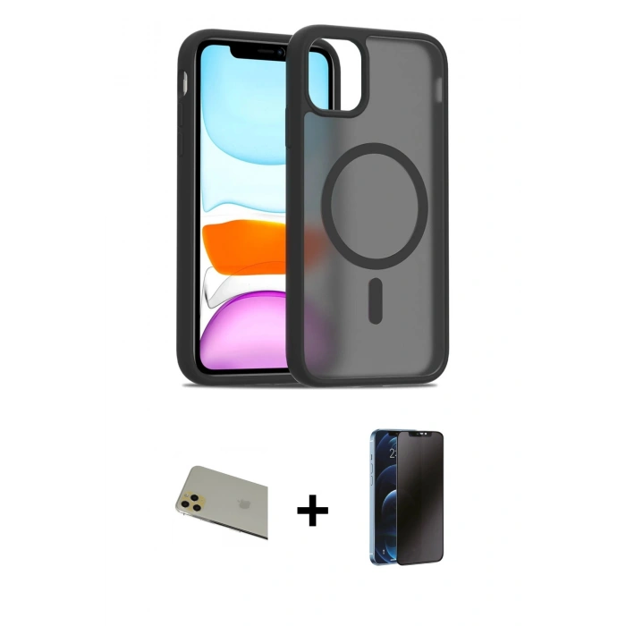 MARSİLYAN™- iPhone 11 Pro Max Kılıf Siluet Minimal Prime - Siyah 3D Antistatik Hayalet Cam Ekran Koruyucu + Rainbow Kamera Lens Koruma Cam - GD