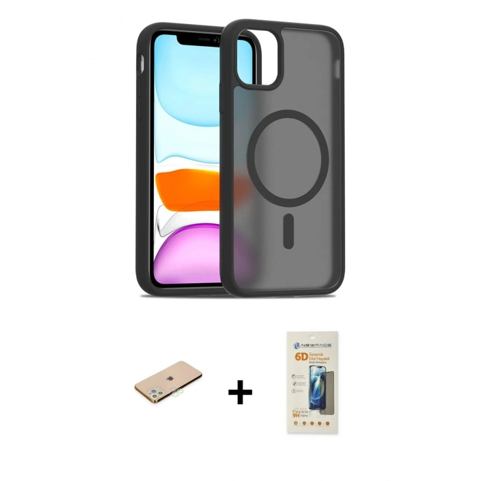 MARSİLYAN™- iPhone 11 Pro Max Kılıf Siluet Minimal Prime - Siyah 6D Mat Seramik Hayalet Nano Ekran Koruyucu + Renkli Kamera Lens Koruma Cam - YL