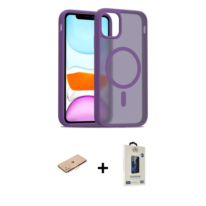 MARSİLYAN™- iPhone 11 Pro Max Kılıf Siluet Minimal Prime - Siyah Bilvis Hayalet Cam Ekran Koruyucu + Turuncu Renkli Kamera Lens Koruma Cam