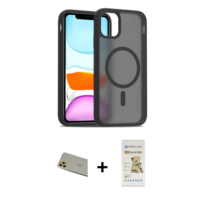 MARSİLYAN™- iPhone 11 Pro Max Kılıf Siluet Minimal Prime - Siyah Mat Seramik Nano Ekran Koruyucu + Rainbow Kamera Lens Koruma Cam - GD