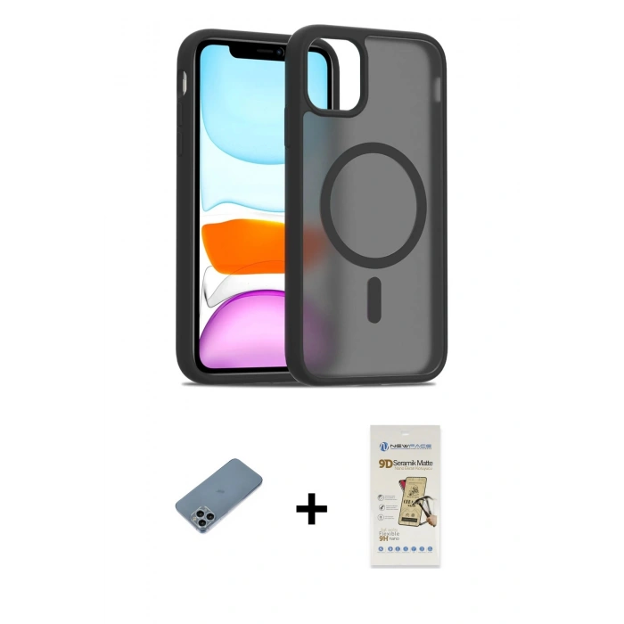 MARSİLYAN™- iPhone 11 Pro Max Kılıf Siluet Minimal Prime - Siyah Mat Seramik Nano Ekran Koruyucu + Shine Kamera Lens Koruma Cam - SABE