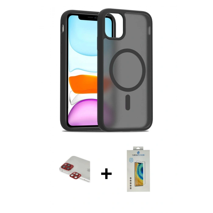 MARSİLYAN™- iPhone 11 Pro Max Kılıf Siluet Minimal Prime - Siyah Polymer Nano Ekran Koruyucu + Pers Alüminyum Kamera Lens - KI