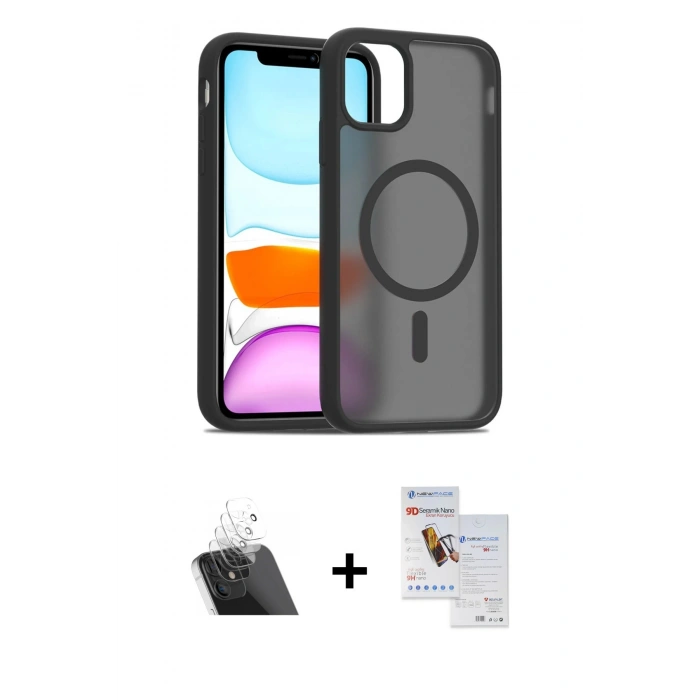 MARSİLYAN™- iPhone 11 Pro Max Kılıf Siluet Minimal Prime - Siyah Seramik Nano Ekran Koruyucu + Kamera Lens Koruma Cam - SF
