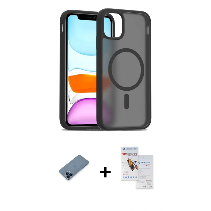 MARSİLYAN™- iPhone 11 Pro Max Kılıf Siluet Minimal Prime - Siyah Seramik Nano Ekran Koruyucu + Metal Kamera Lens Koruma Cam - MI