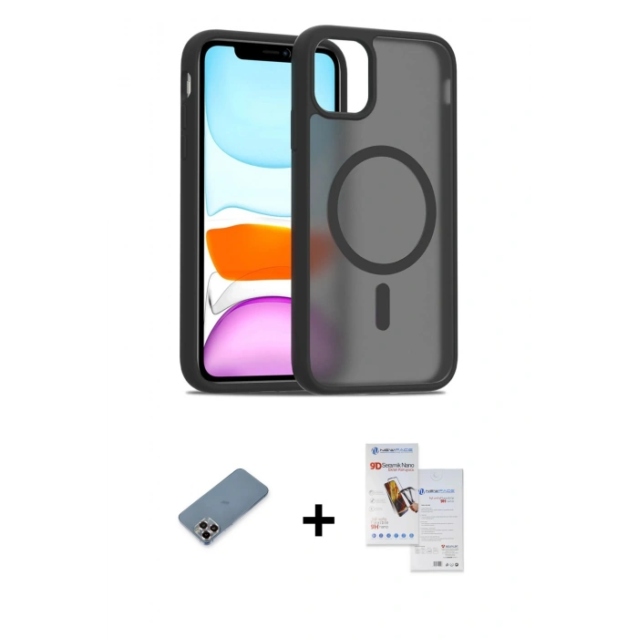 MARSİLYAN™- iPhone 11 Pro Max Kılıf Siluet Minimal Prime - Siyah Seramik Nano Ekran Koruyucu + Metal Kamera Lens Koruma Cam - MR
