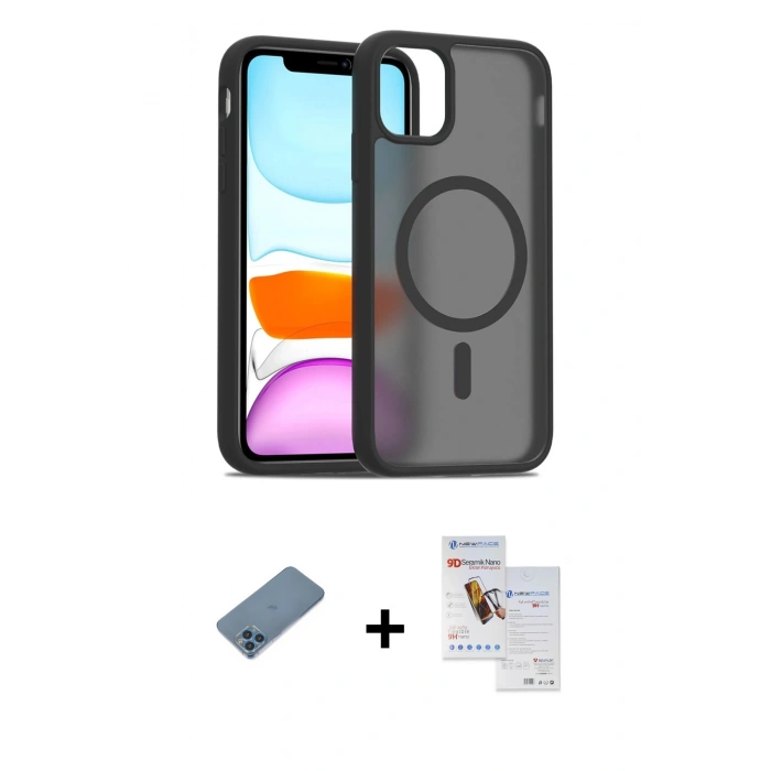 MARSİLYAN™- iPhone 11 Pro Max Kılıf Siluet Minimal Prime - Siyah Seramik Nano Ekran Koruyucu + Shine Kamera Lens Koruma Cam - MI