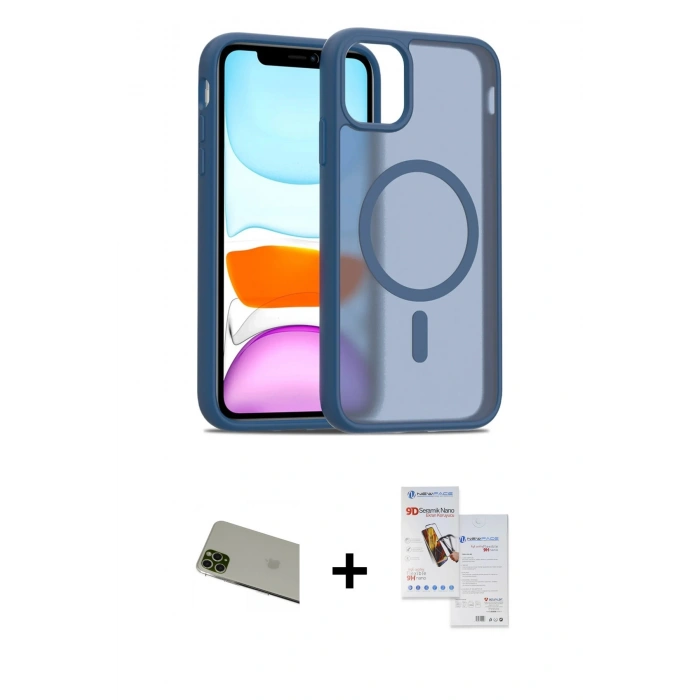 MARSİLYAN™- iPhone 11 Pro Max Kılıf Siluet Minimal Prime - Siyah Seramik Nano Ekran Koruyucu + Yeşil Rainbow Kamera Lens Koruma Cam