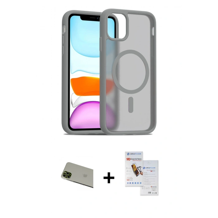 MARSİLYAN™- iPhone 11 Pro Max Kılıf Siluet Minimal Prime - Siyah Seramik Nano Ekran Koruyucu + Yeşil Rainbow Kamera Lens Koruma Cam