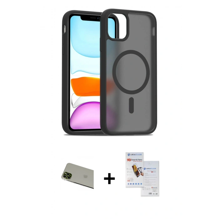MARSİLYAN™- iPhone 11 Pro Max Kılıf Siluet Minimal Prime - Siyah Seramik Nano Ekran Koruyucu + Yeşil Rainbow Kamera Lens Koruma Cam
