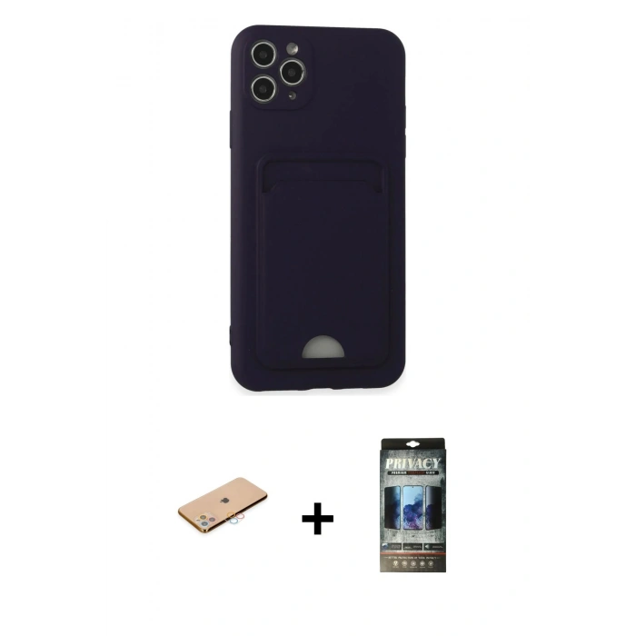 MARSİLYAN™- iPhone 11 Pro Max Kılıf Vadi Çizgi Prime - Siyah 34D Hayalet Izgaralı Cam + Renkli Kamera Lens Koruma Cam - PE