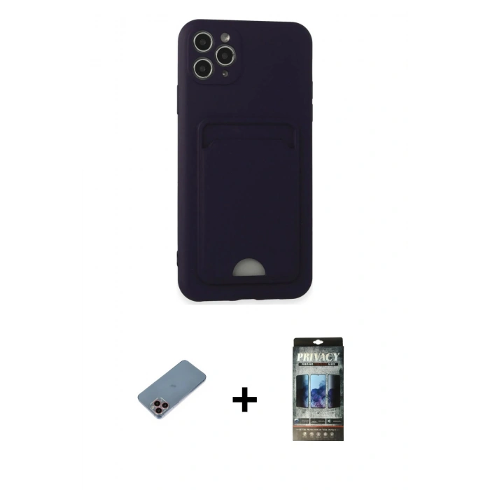 MARSİLYAN™- iPhone 11 Pro Max Kılıf Vadi Çizgi Prime - Siyah 34D Hayalet Izgaralı Cam + Shine Kamera Lens Koruma Cam - PE
