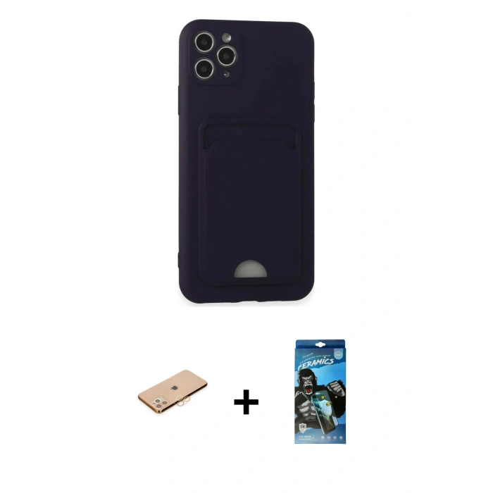 MARSİLYAN™- iPhone 11 Pro Max Kılıf Vadi Çizgi Prime - Siyah 34D Izgaralı Cam + Renkli Kamera Lens Koruma Cam - TU