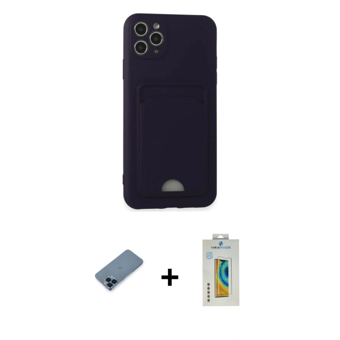 MARSİLYAN™- iPhone 11 Pro Max Kılıf Vadi Çizgi Prime - Siyah Polymer Nano Ekran Koruyucu + Mavi Metal Kamera Lens Koruma Cam