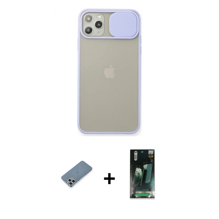 MARSİLYAN™- iPhone 11 Pro Max Kılıf Vadi Çizgi - Şeffaf 360 Full Body Arka Koruyucu + Metal Kamera Lens Koruma Cam - GS