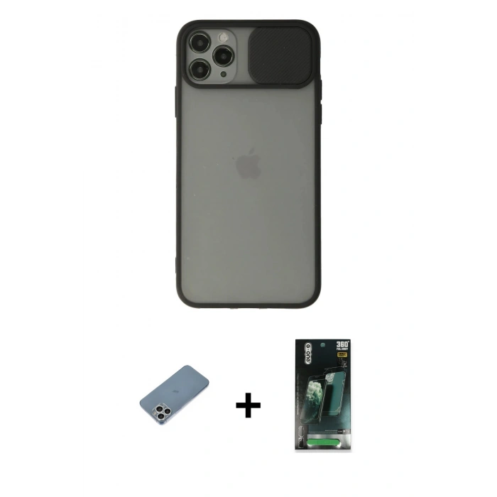 MARSİLYAN™- iPhone 11 Pro Max Kılıf Vadi Çizgi - Şeffaf 360 Full Body Arka Koruyucu + Shine Kamera Lens Koruma Cam - GS