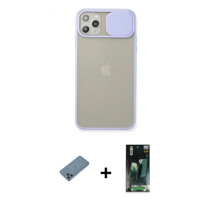 MARSİLYAN™- iPhone 11 Pro Max Kılıf Vadi Çizgi - Şeffaf 360 Full Body Arka Koruyucu + Mavi Shine Kamera Lens Koruma Cam