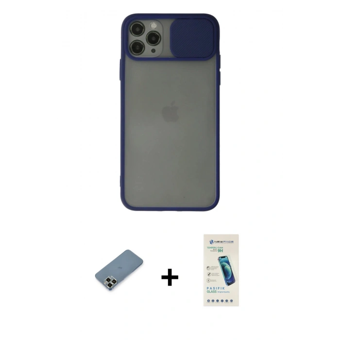 MARSİLYAN™- iPhone 11 Pro Max Kılıf Vadi Çizgi - Şeffaf Pasifik Cam Ekran Koruyucu + Metal Kamera Lens Koruma Cam - AKYL