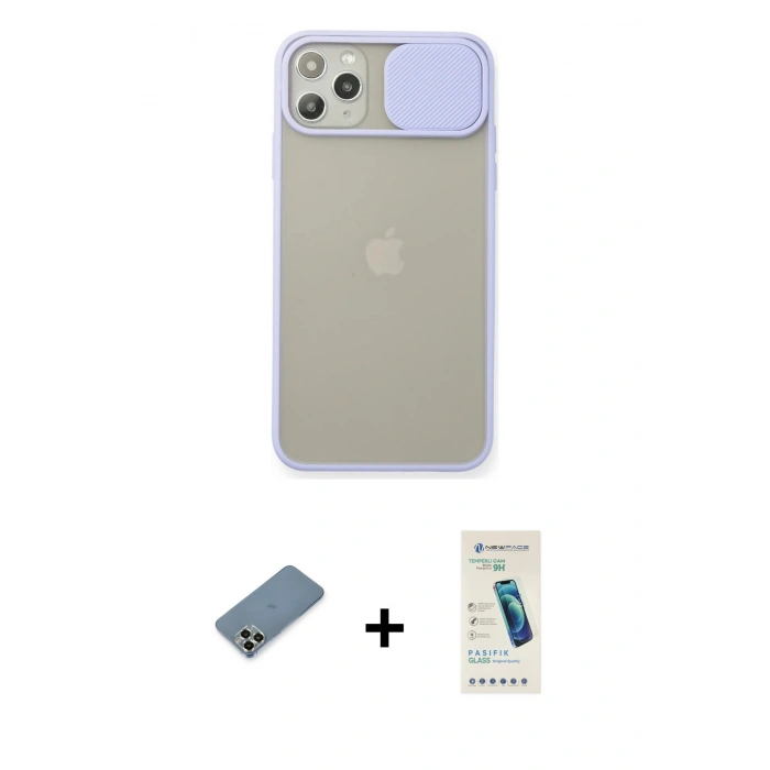 MARSİLYAN™- iPhone 11 Pro Max Kılıf Vadi Çizgi - Şeffaf Pasifik Cam Ekran Koruyucu + Metal Kamera Lens Koruma Cam - AKYL