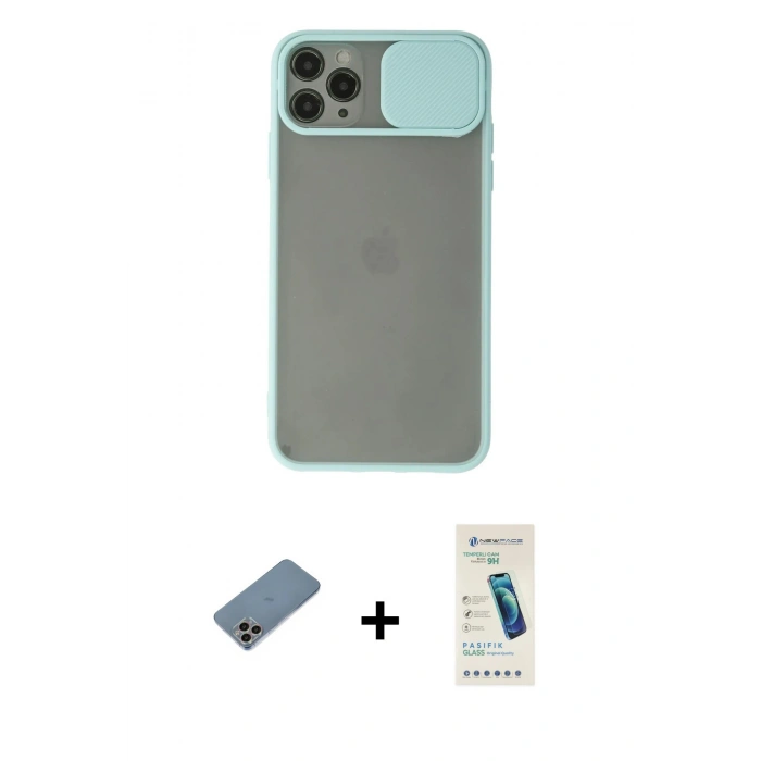 MARSİLYAN™- iPhone 11 Pro Max Kılıf Vadi Çizgi - Şeffaf Pasifik Cam Ekran Koruyucu + Gökkuşağı Shine Kamera Lens Koruma Cam