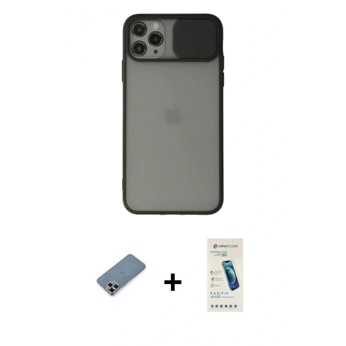 MARSİLYAN™- iPhone 11 Pro Max Kılıf Vadi Çizgi - Şeffaf Pasifik Cam Ekran Koruyucu + Metal Kamera Lens Koruma Cam - MR