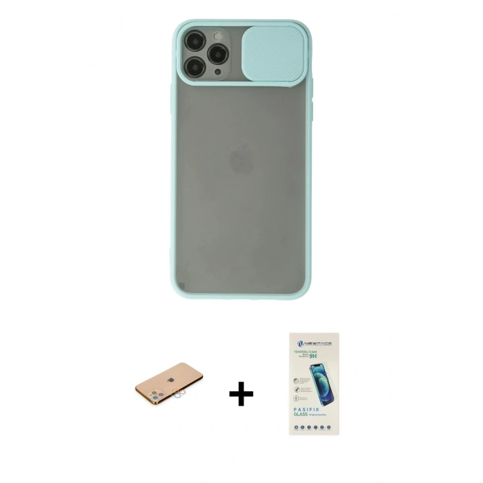 MARSİLYAN™- iPhone 11 Pro Max Kılıf Vadi Çizgi - Şeffaf Pasifik Cam Ekran Koruyucu + Renkli Kamera Lens Koruma Cam - PE