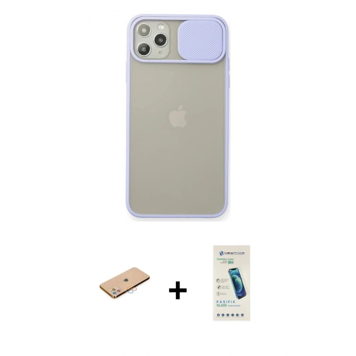 MARSİLYAN™- iPhone 11 Pro Max Kılıf Vadi Çizgi - Şeffaf Pasifik Cam Ekran Koruyucu + Renkli Kamera Lens Koruma Cam - PE