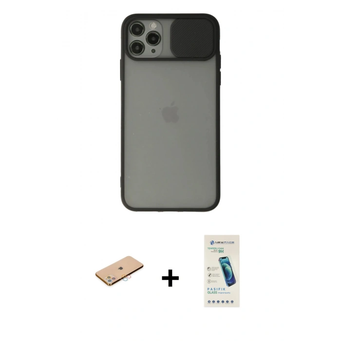 MARSİLYAN™- iPhone 11 Pro Max Kılıf Vadi Çizgi - Şeffaf Pasifik Cam Ekran Koruyucu + Renkli Kamera Lens Koruma Cam - PE