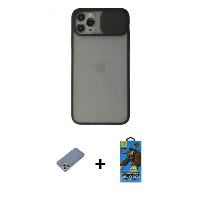 MARSİLYAN™- iPhone 11 Pro Max Kılıf Vadi Çizgi - Siyah 18D Cam Ekran Koruyucu + Gümüş Shine Kamera Lens Koruma Cam