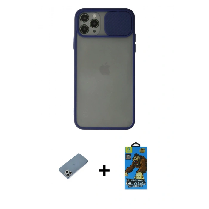 MARSİLYAN™- iPhone 11 Pro Max Kılıf Vadi Çizgi - Siyah 18D Cam Ekran Koruyucu + Gümüş Shine Kamera Lens Koruma Cam