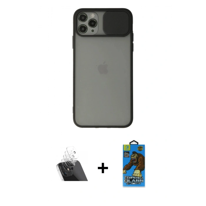 MARSİLYAN™- iPhone 11 Pro Max Kılıf Vadi Çizgi - Siyah 18D Cam Ekran Koruyucu + Kamera Lens Koruma Cam - SF