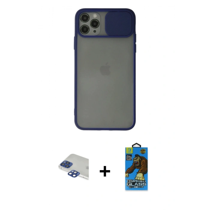 MARSİLYAN™- iPhone 11 Pro Max Kılıf Vadi Çizgi - Siyah 18D Cam Ekran Koruyucu + Pers Alüminyum Kamera Lens - LT