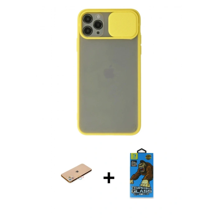 MARSİLYAN™- iPhone 11 Pro Max Kılıf Vadi Çizgi - Siyah 18D Cam Ekran Koruyucu + Renkli Kamera Lens Koruma Cam - PE