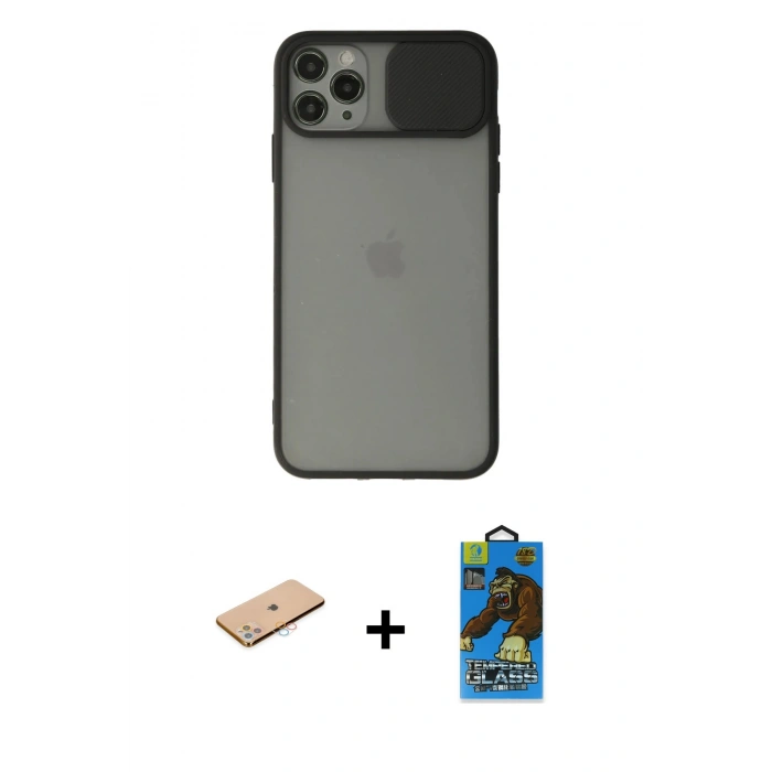 MARSİLYAN™- iPhone 11 Pro Max Kılıf Vadi Çizgi - Siyah 18D Cam Ekran Koruyucu + Renkli Kamera Lens Koruma Cam - PE
