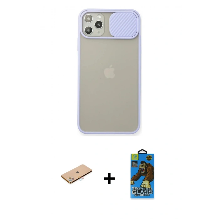 MARSİLYAN™- iPhone 11 Pro Max Kılıf Vadi Çizgi - Siyah 18D Cam Ekran Koruyucu + Renkli Kamera Lens Koruma Cam - PE