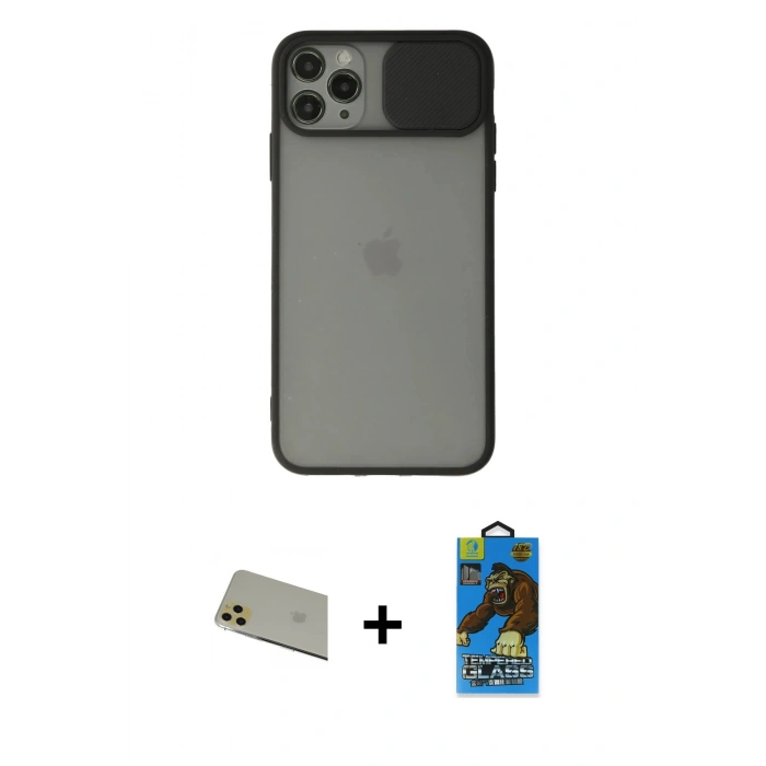 MARSİLYAN™- iPhone 11 Pro Max Kılıf Vadi Çizgi - Siyah 18D Cam Ekran Koruyucu + Rainbow Kamera Lens Koruma Cam - GD