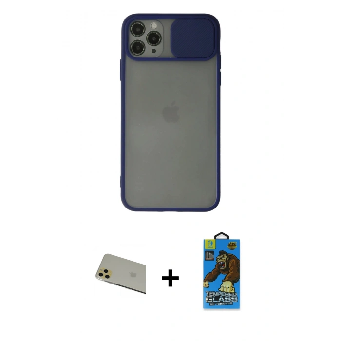 MARSİLYAN™- iPhone 11 Pro Max Kılıf Vadi Çizgi - Siyah 18D Cam Ekran Koruyucu + Rainbow Kamera Lens Koruma Cam - GD