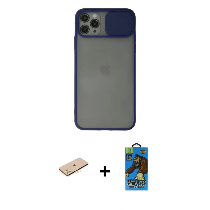MARSİLYAN™- iPhone 11 Pro Max Kılıf Vadi Çizgi - Siyah 18D Cam Ekran Koruyucu + Renkli Kamera Lens Koruma Cam - SI