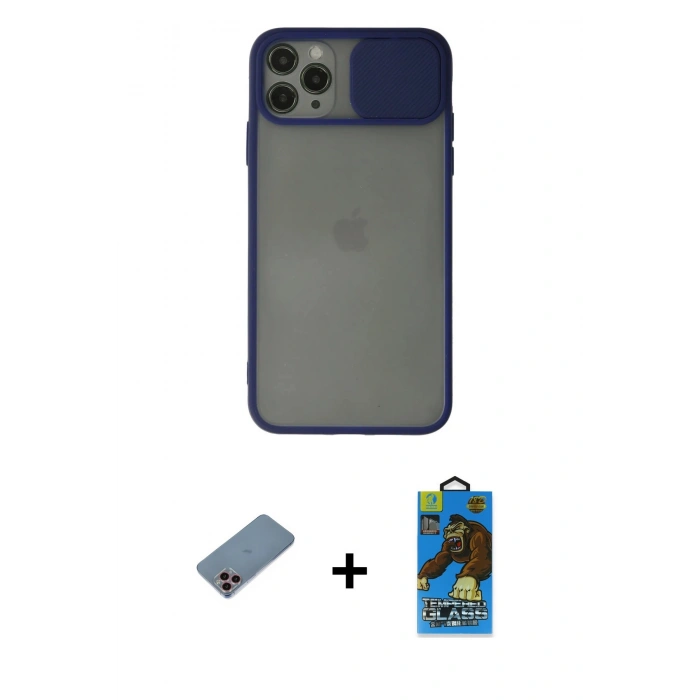 MARSİLYAN™- iPhone 11 Pro Max Kılıf Vadi Çizgi - Siyah 18D Cam Ekran Koruyucu + Shine Kamera Lens Koruma Cam - PE