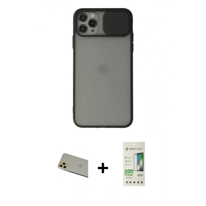 MARSİLYAN™- iPhone 11 Pro Max Kılıf Vadi Çizgi - Siyah 20D Premium Cam Ekran Koruyucu + Rainbow Kamera Lens Koruma Cam - GD