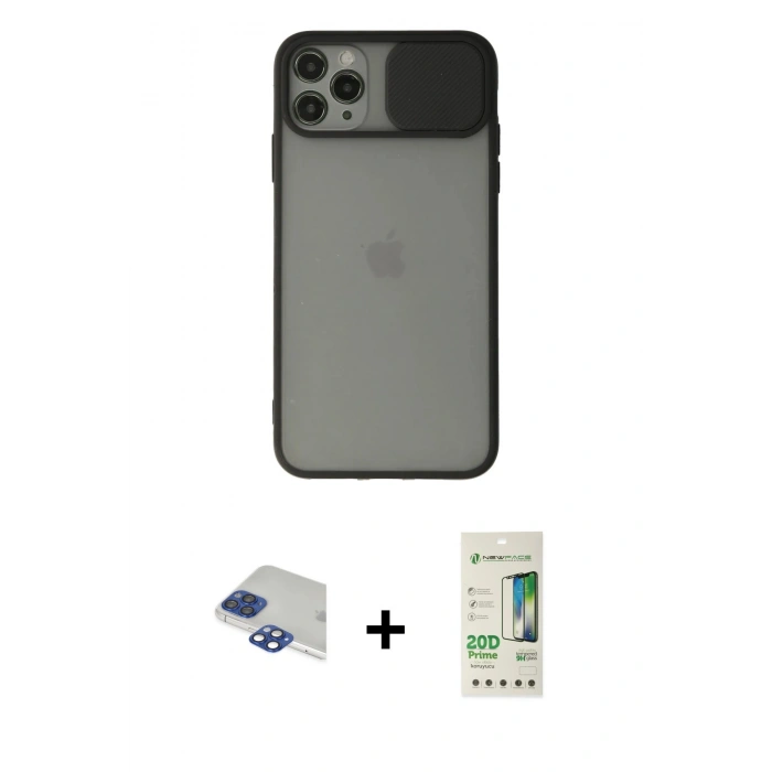 MARSİLYAN™- iPhone 11 Pro Max Kılıf Vadi Çizgi - Siyah 20D Premium Cam Ekran Koruyucu + Pers Alüminyum Kamera Lens - LT